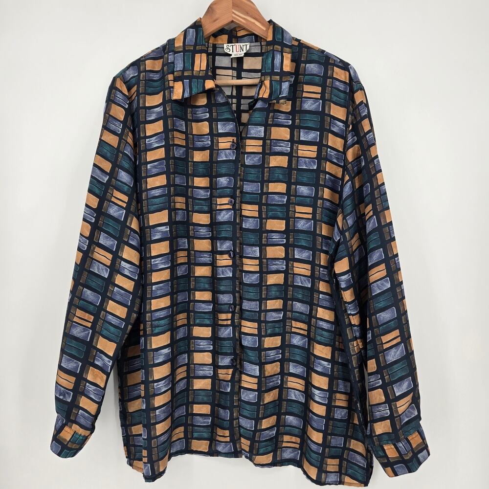 STUNT Silk Geometric Shirt Men’s L Retro Pattern Button Front Flawed As-Is